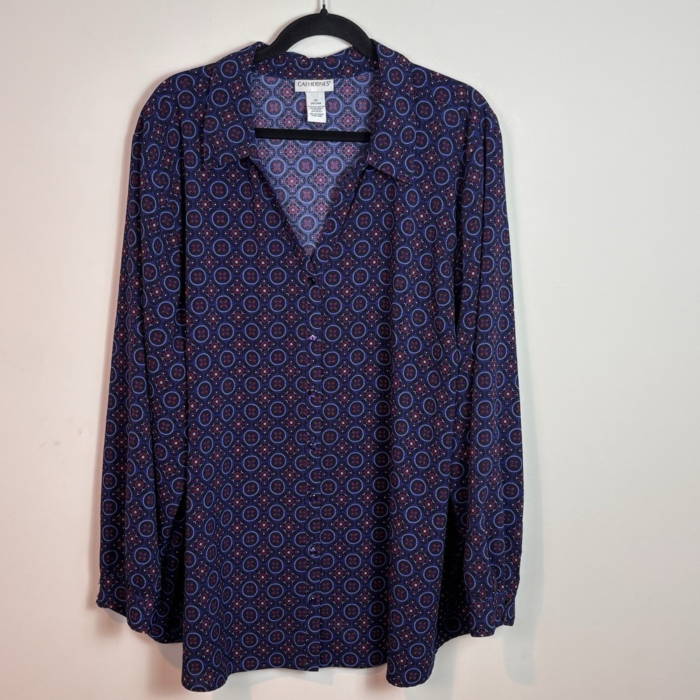 Catherines Womens Blue Floral Polyester V-Neck Button up Lightweight Blouse 3X